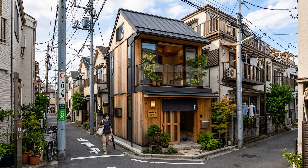 Kosha Japanese tiny house exterior by day